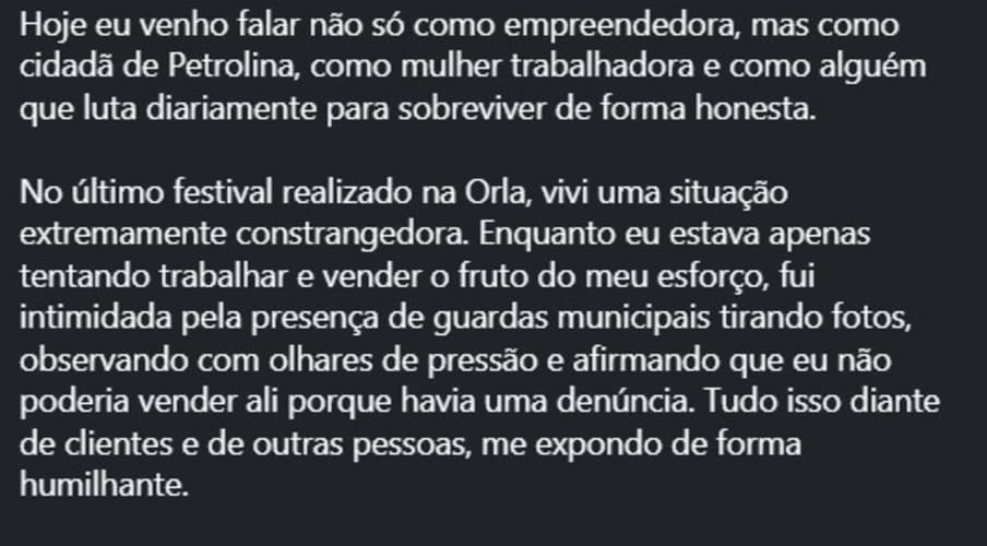 Microempreendedora de Petrolina denuncia restrições para vender na Orla e busca esclarecimentos