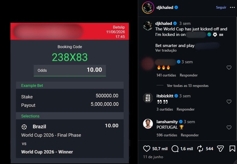 DJ Khaled perde fortuna ao apostar no hexa do Brasil na Copa 2026