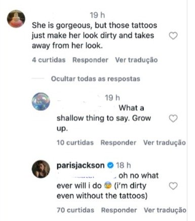 Paris Jackson rebate críticas sobre suas tatuagens com ironia