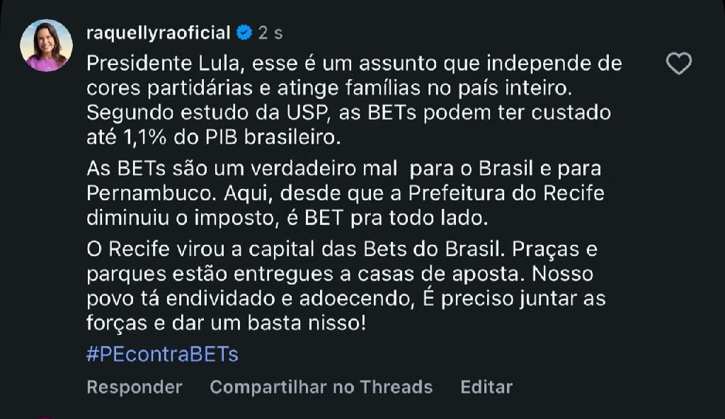 Raquel Lyra critica impacto das apostas e reage a publicação de Lula
