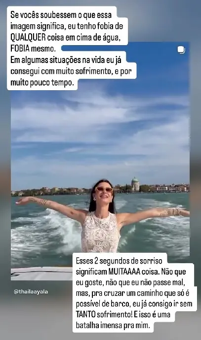 Thaila Ayala supera fobia de água durante viagem à Itália