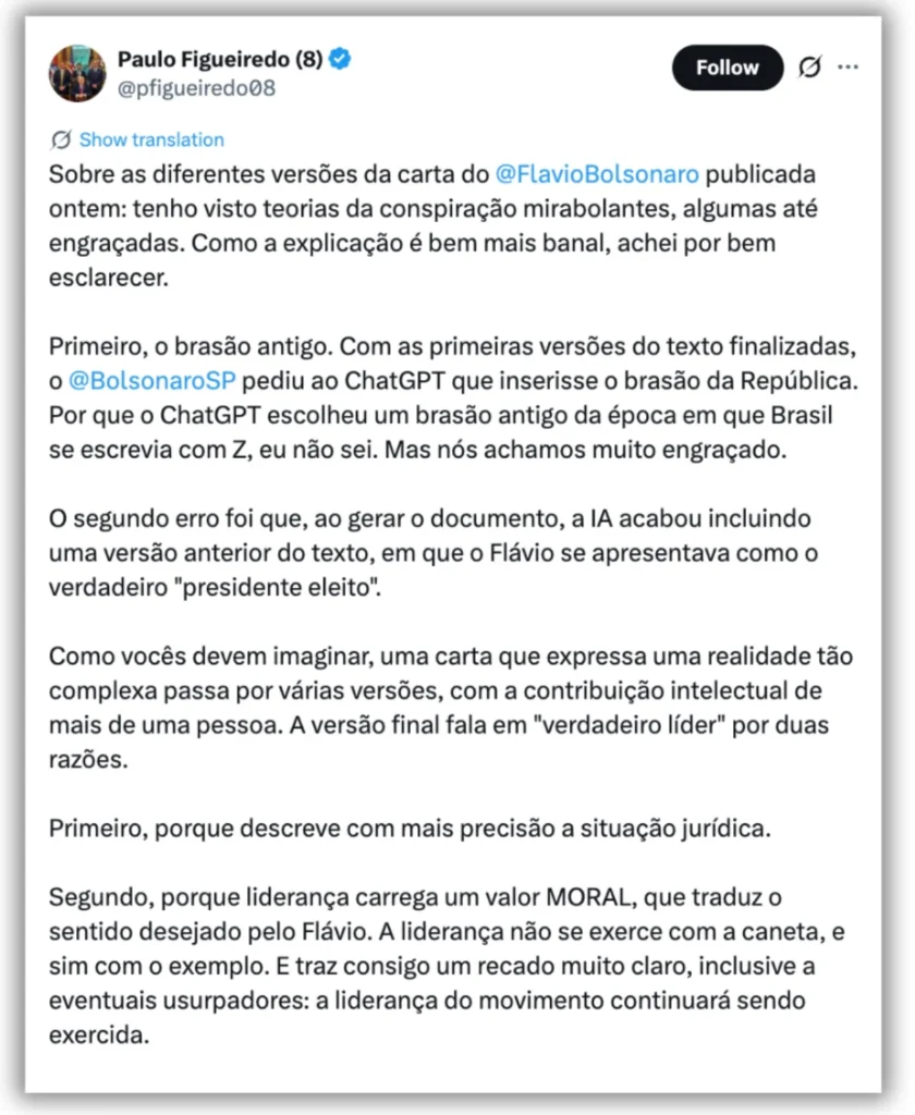 Carta de Flávio Bolsonaro teve auxílio do ChatGPT para redação
