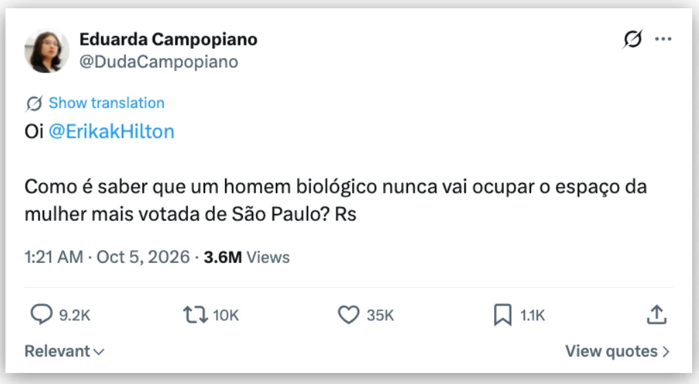 Eduarda Campopiano critica Erika Hilton após votação histórica