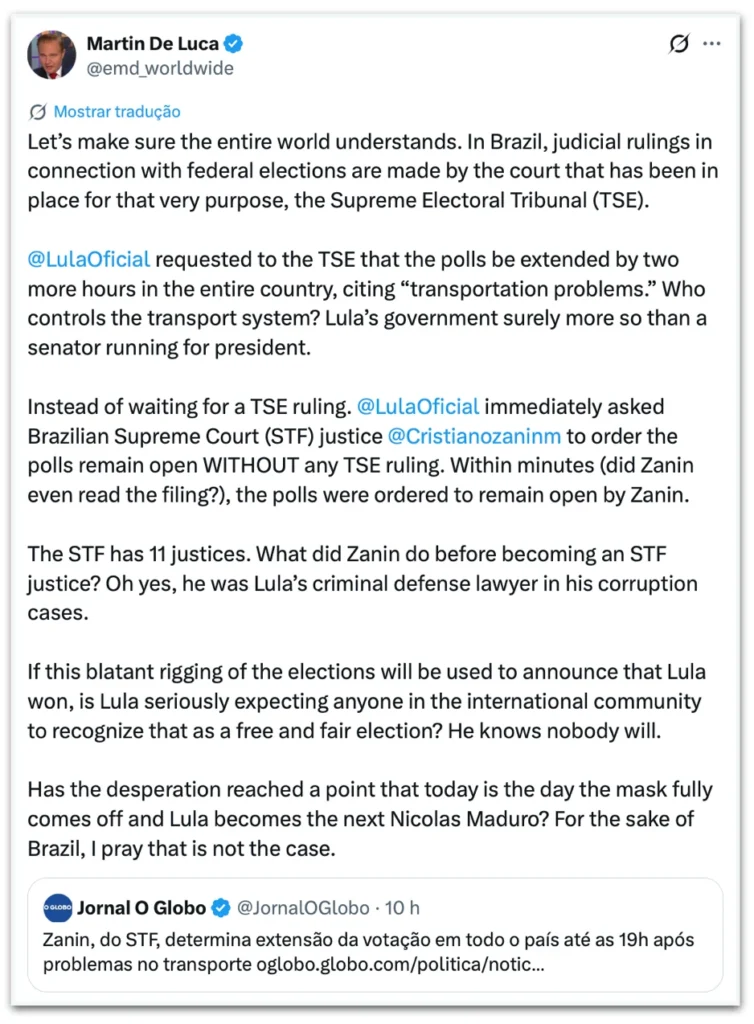 Filho de Trump critica decisão do STF e compara Lula a Maduro