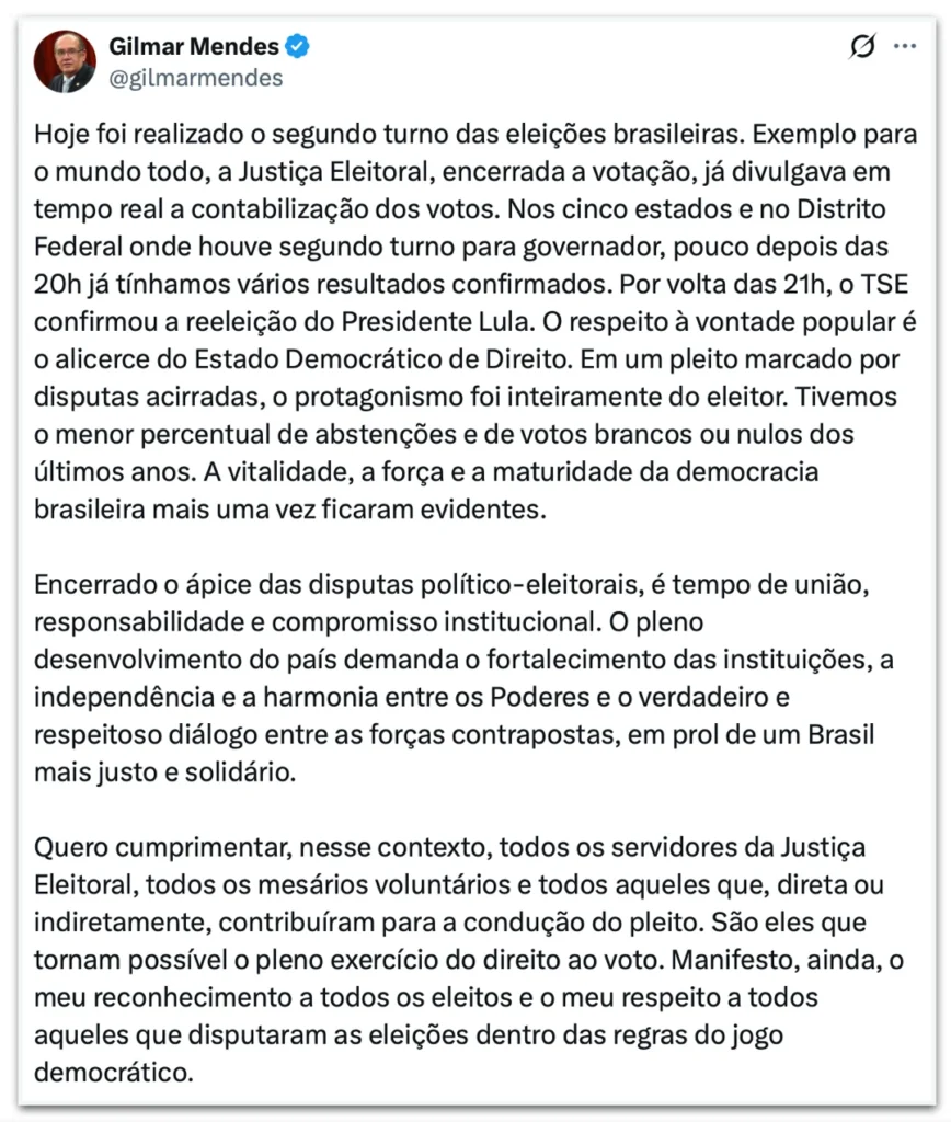 Gilmar Mendes destaca união e democracia após vitória de Lula