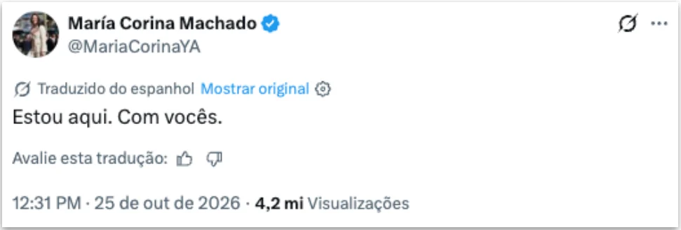 María Corina Machado retorna à Venezuela em meio a incertezas políticas