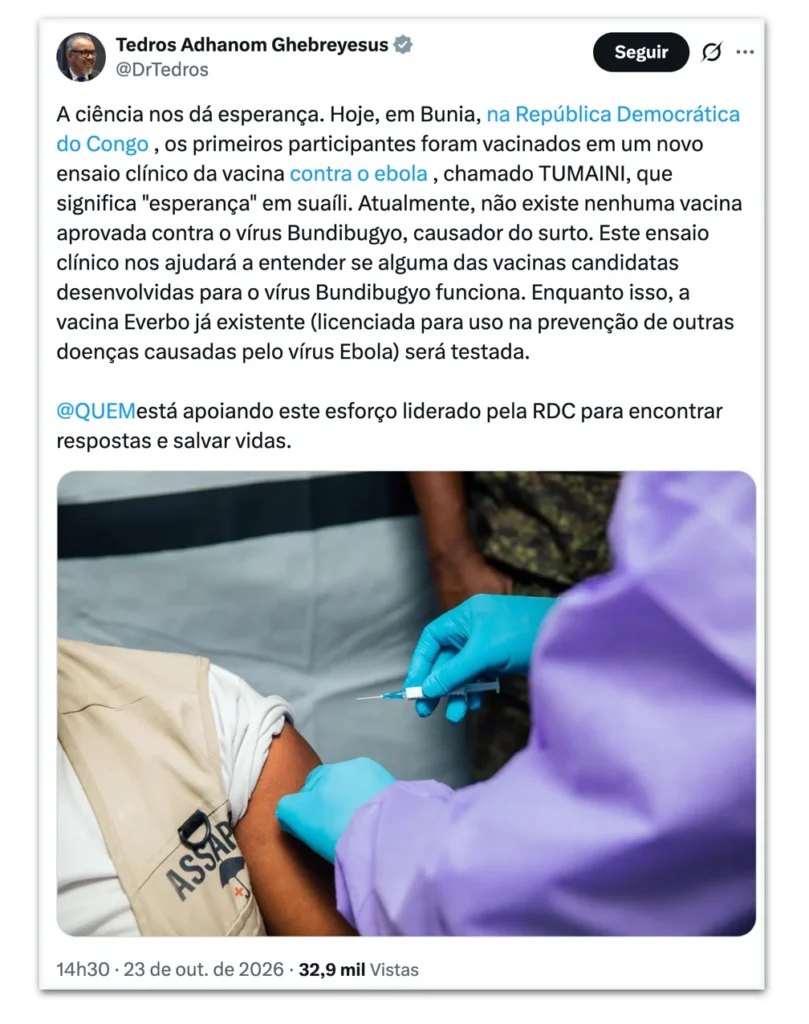 OMS inicia testes de vacina contra nova cepa de ebola na RDC