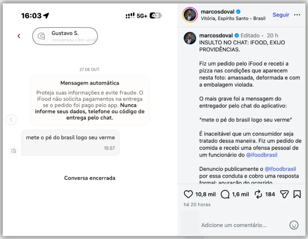 Senador Marcos do Val relata insulto de entregador do iFood