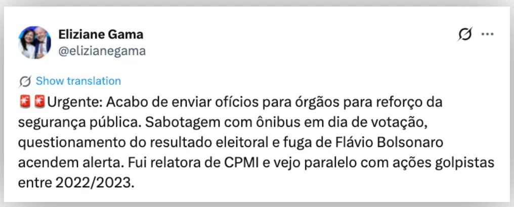 Senadora Eliziane Gama solicita reforço de segurança em Brasília após eleição