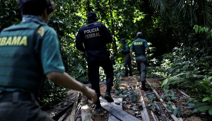 Agentes do Ibama são escoltados por policial federal durante ação de combate ao desmatamento d...