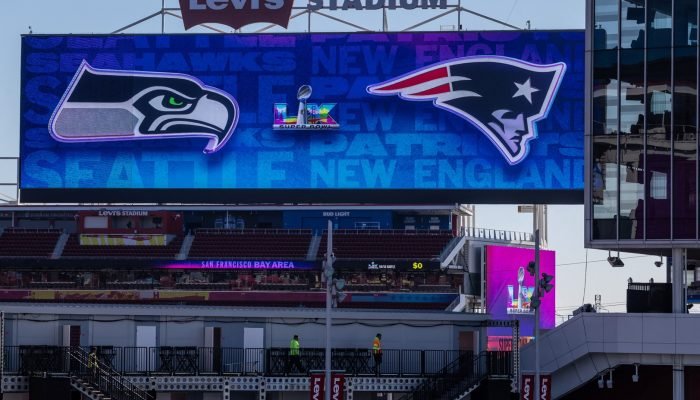 Vista do Levi’s Stadium antes do Super Bowl LX, entre o New England Patriots e o Seattle Seahaw...