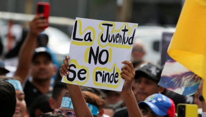 Um manifestante segura um cartaz durante uma marcha pedindo anistia para presos políticos e para...