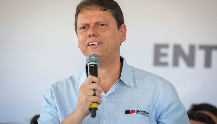 Tarcísio de Freitas discursa em entrega de novo trecho do Rodoanel. Foto: Pablo Jacob / Governo ...