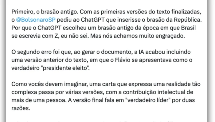 Carta de Flávio Bolsonaro teve auxílio do ChatGPT para redação