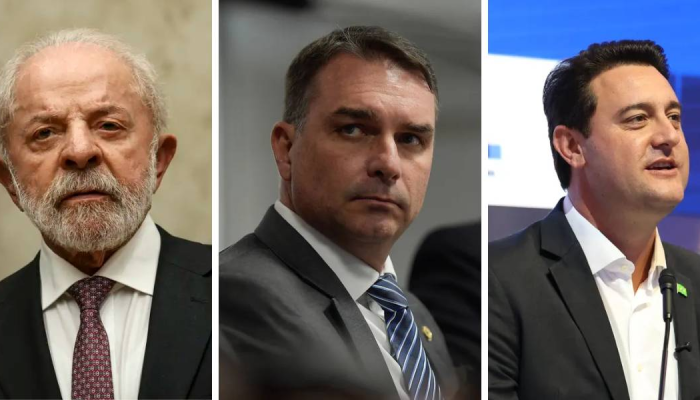 Lula empata tecnicamente com Flávio Bolsonaro e o governador Ratinho Jr. Fotos: Marcelo Camargo/...