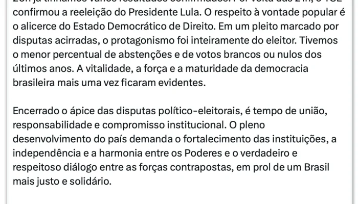 Gilmar Mendes destaca união e democracia após vitória de Lula