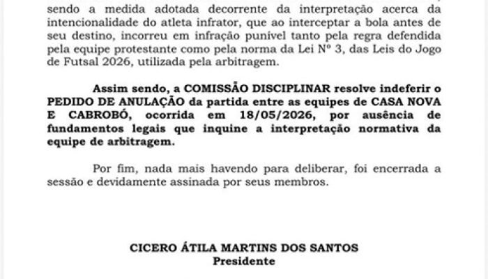Comissão decide manter resultado de jogo entre Cabrobó e Casa Nova