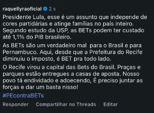 Raquel Lyra critica impacto das apostas e reage a publicação de Lula
