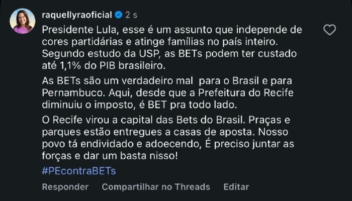Raquel Lyra critica impacto das apostas e reage a publicação de Lula